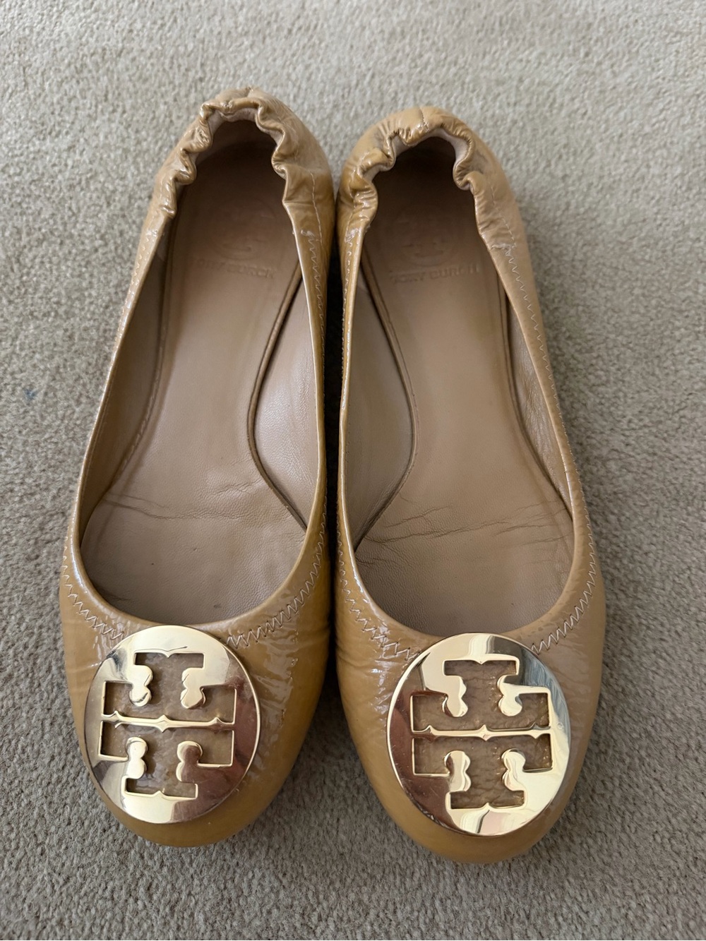 Tory Burch Camel Patent Leather Logo Ballet Flats